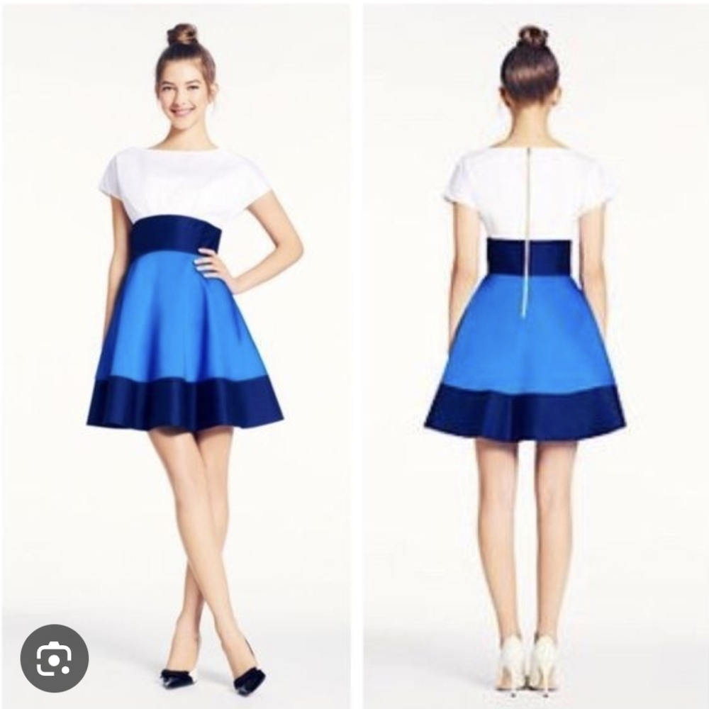 kate spade White and Blue Colorblock Fit-and-Flare Dress
